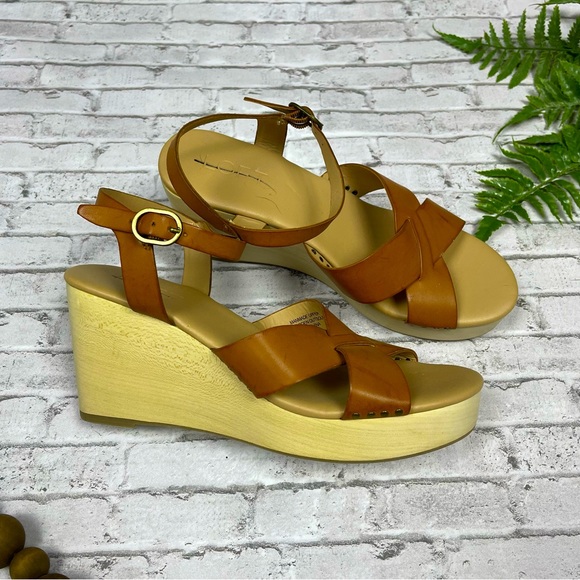 Loft Women’s Cognac Camel Brown Wooden Wedge Sandals Size 7 Bohemian Neutral 90s - Picture 1 of 13